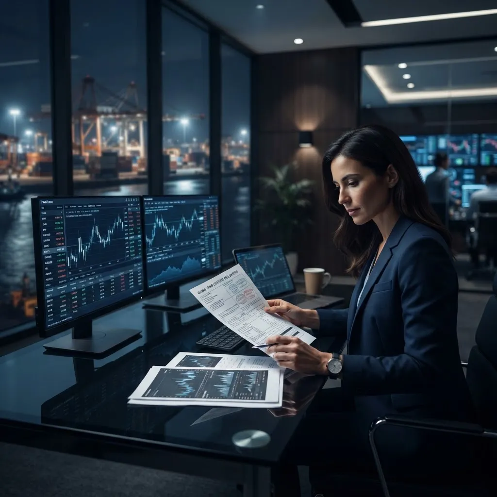 Trade and financial brokerage advisor reviewing customs documents and market data