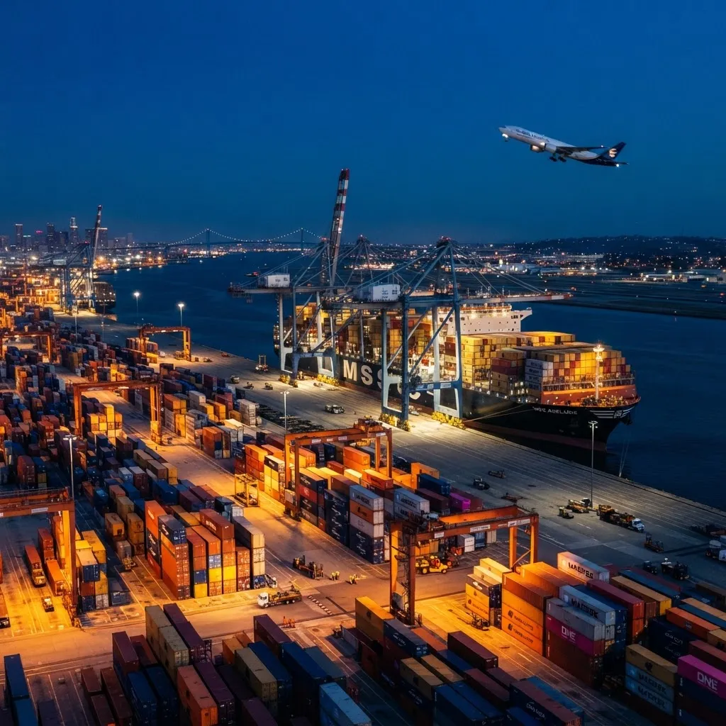 Modern container port with cargo ship and cranes at blue hour