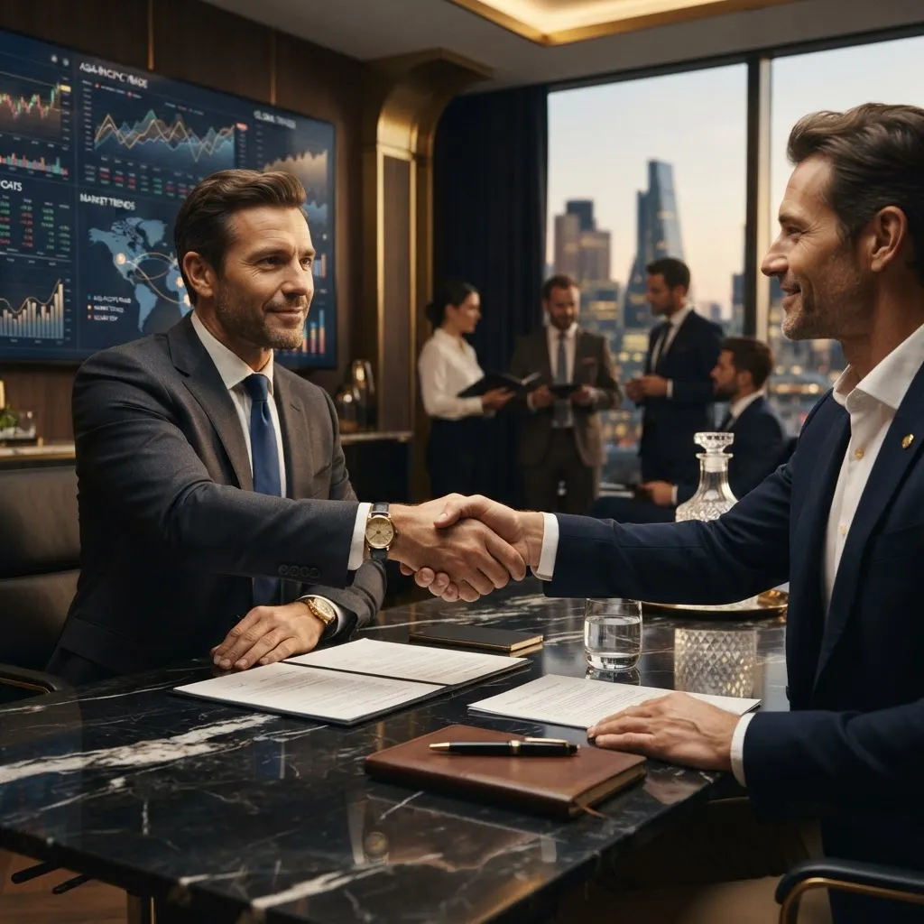 International trade partnership handshake with global market data