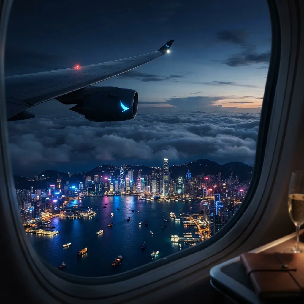 Aircraft above the clouds at dusk over the Hong Kong skyline